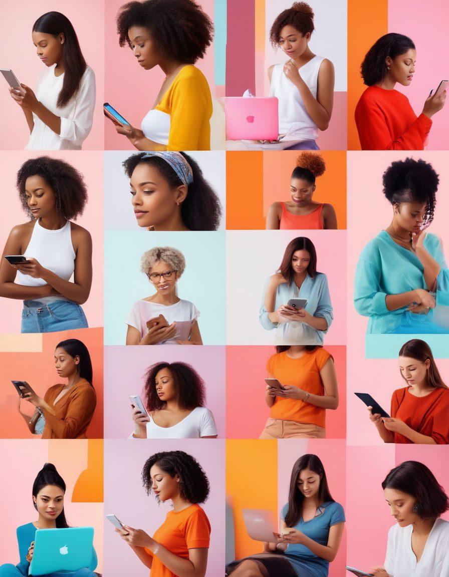 A collage of diverse women engaging with digital devices like tablets and smartphones in a vibrant, contemporary environment. Highlight visual representations of feminine health topics such as discussions, educational graphics, and supportive communities. Use bright, empowering colors to evoke a sense of positivity and connection. Include abstract elements symbolizing transformation and evolution in feminine health through technology. super-realistic. vibrant colors. white background.