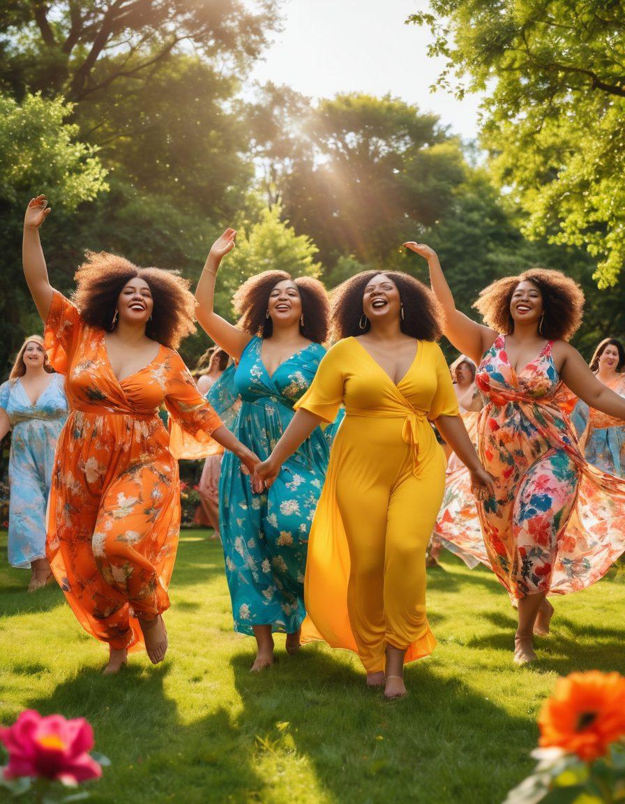 A diverse group of women of various body shapes and sizes, joyfully expressing themselves through dance and art in a bright, sunny park. They wear colorful, flowing garments and display confident poses that celebrate body positivity. The background features vibrant flowers and greenery, symbolizing growth and self-acceptance. Soft, golden lighting enhances the joyful atmosphere and a digital device can subtly blend into the scene, representing the digital age. super-realistic. vibrant colors. outdoors.