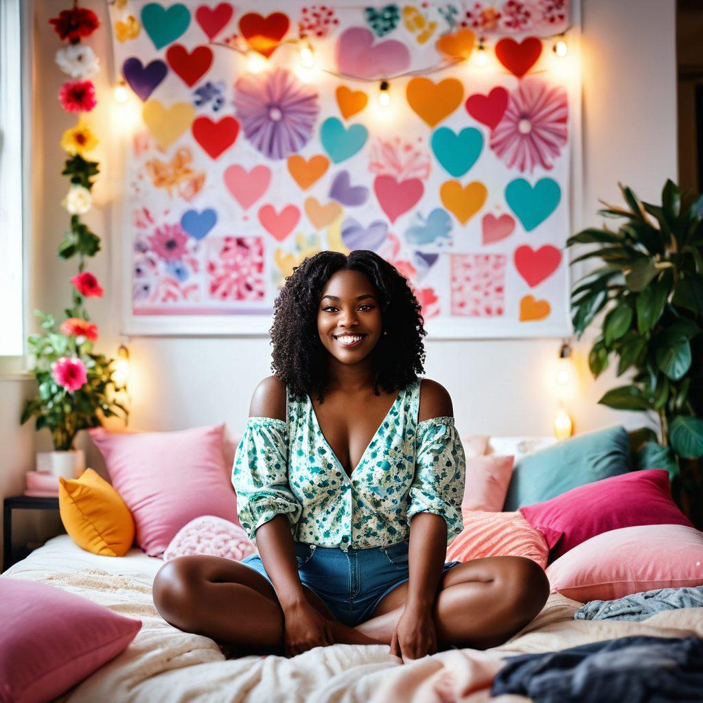 A confident woman passionately live streaming in a cozy room, adorned with colorful decorations symbolizing self-love and body positivity. Surround her with diverse representations of femininity, like flower patterns and soft lighting, conveying warmth and empowerment. Include subtle elements like hearts and chat bubbles to signify online connection and celebration of individuality. Create a safe and joyful atmosphere that resonates with bodily autonomy. vibrant colors. soft focus. illustration.